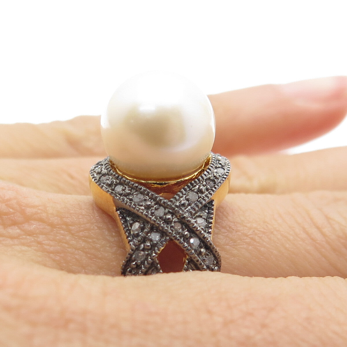 925 Sterling Silver Gold Plated Real Round-Cut Diamond & Pearl Ring Size 8