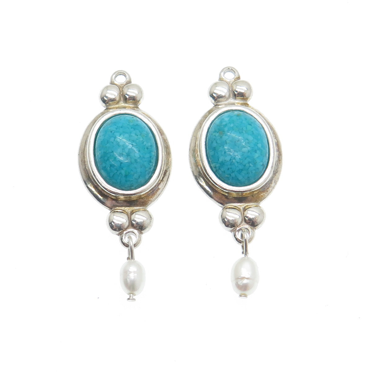 COLEMAN CO. Sterling Silver Vintage Real Turquoise Inlay & Pearl Jacket Earrings