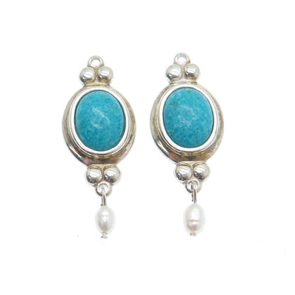 COLEMAN CO. Sterling Silver Vintage Real Turquoise Inlay & Pearl Jacket Earrings