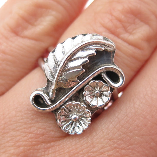 Old Pawn Sterling Silver Vintage MAH Artisan Feather & Flower Tribal Ring Size 6