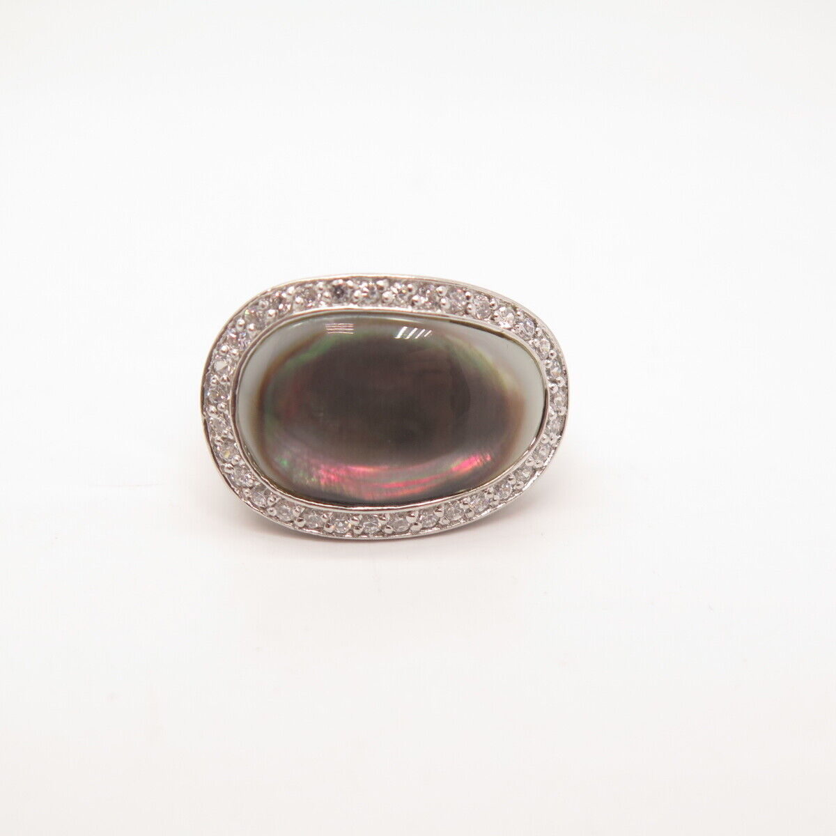 925 Sterling Silver Vintage Real Abalone Shell & C Z Ring Size 7.5