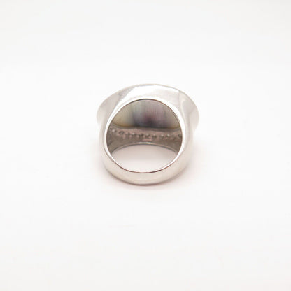 925 Sterling Silver Vintage Real Abalone Shell & C Z Ring Size 7.5