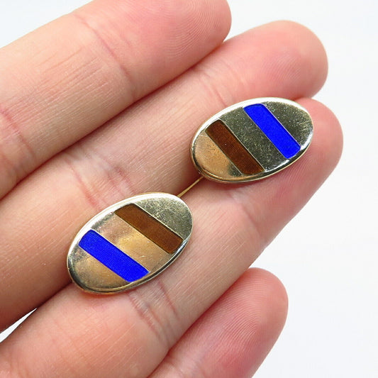925 Sterling Silver Gold Filled Vintage Colorful Enamel Oval Cufflinks