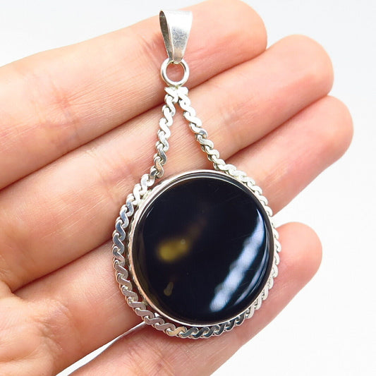 925 Sterling Silver Vintage Black Shell Braided Pendant