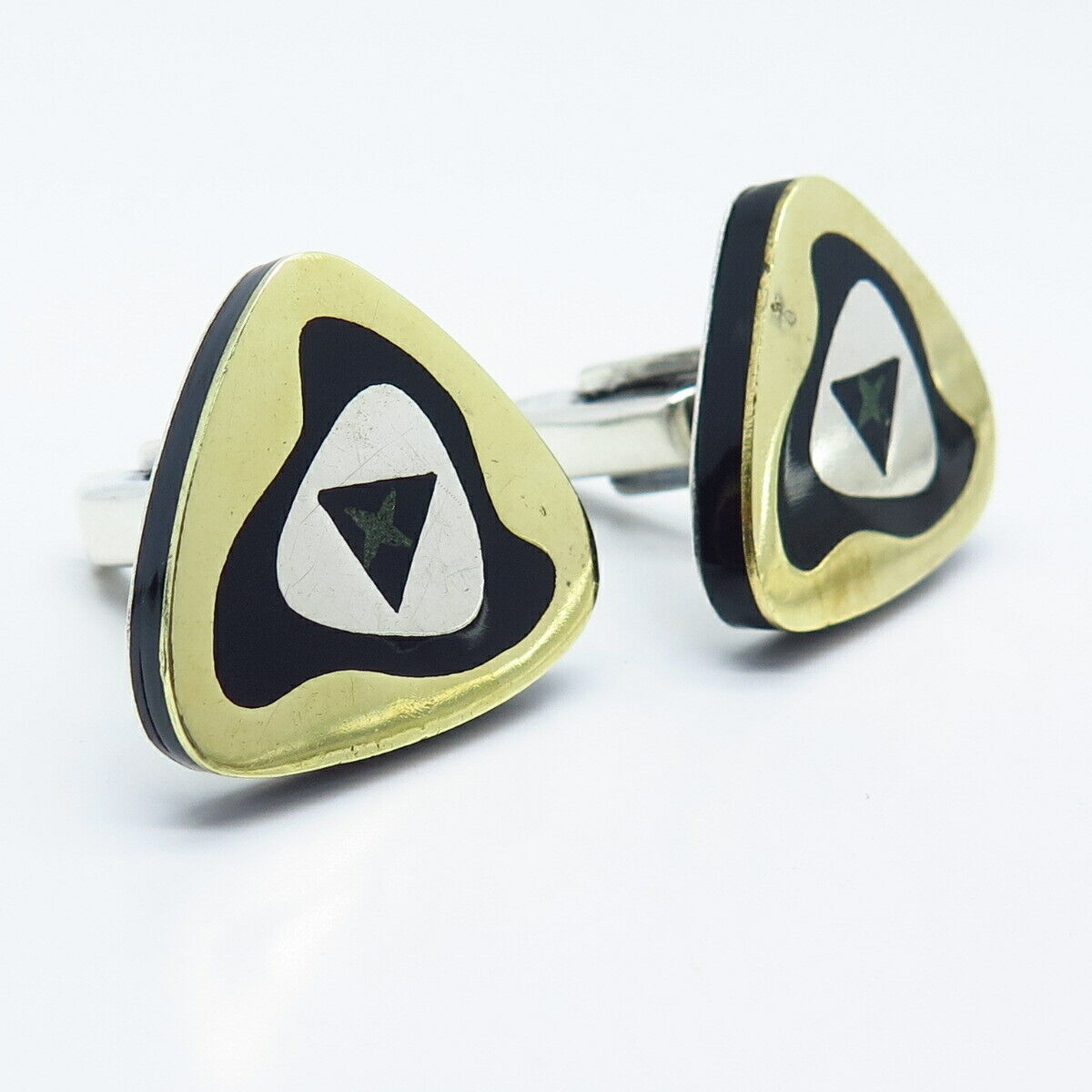 925 Sterling Silver 2-Tone Vintage Real Black Onyx & Turquoise Inlay Cufflinks