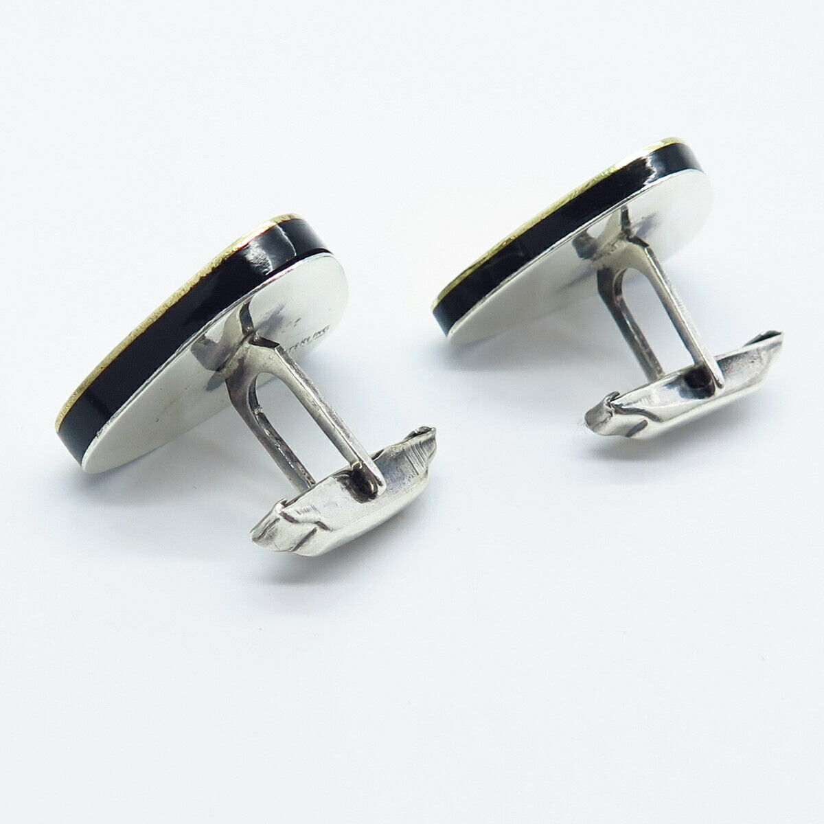 925 Sterling Silver 2-Tone Vintage Real Black Onyx & Turquoise Inlay Cufflinks