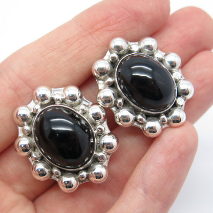 925 Sterling Silver Vintage Mexico Real Black Onyx Gem Beaded Clip On Earrings