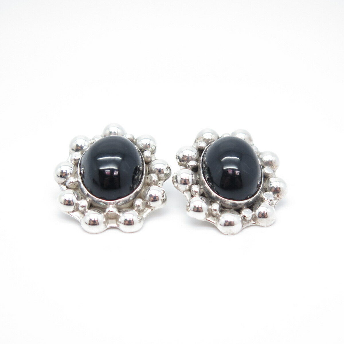 925 Sterling Silver Vintage Mexico Real Black Onyx Gem Beaded Clip On Earrings