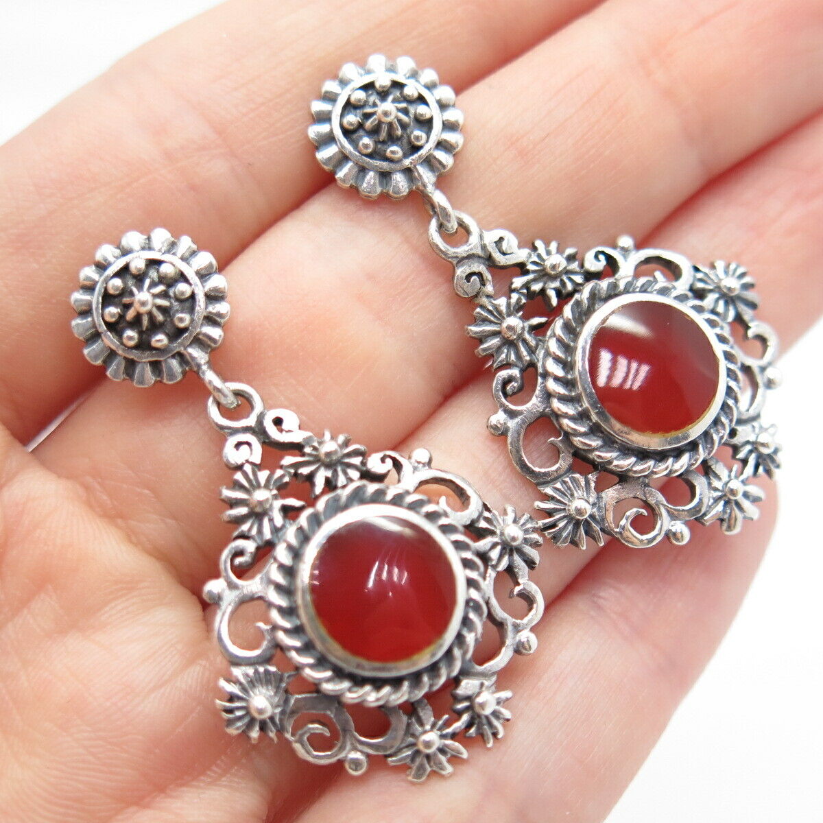 925 Sterling Silver Vintage Real Carnelian Gemstone Ornate Dangling Earrings