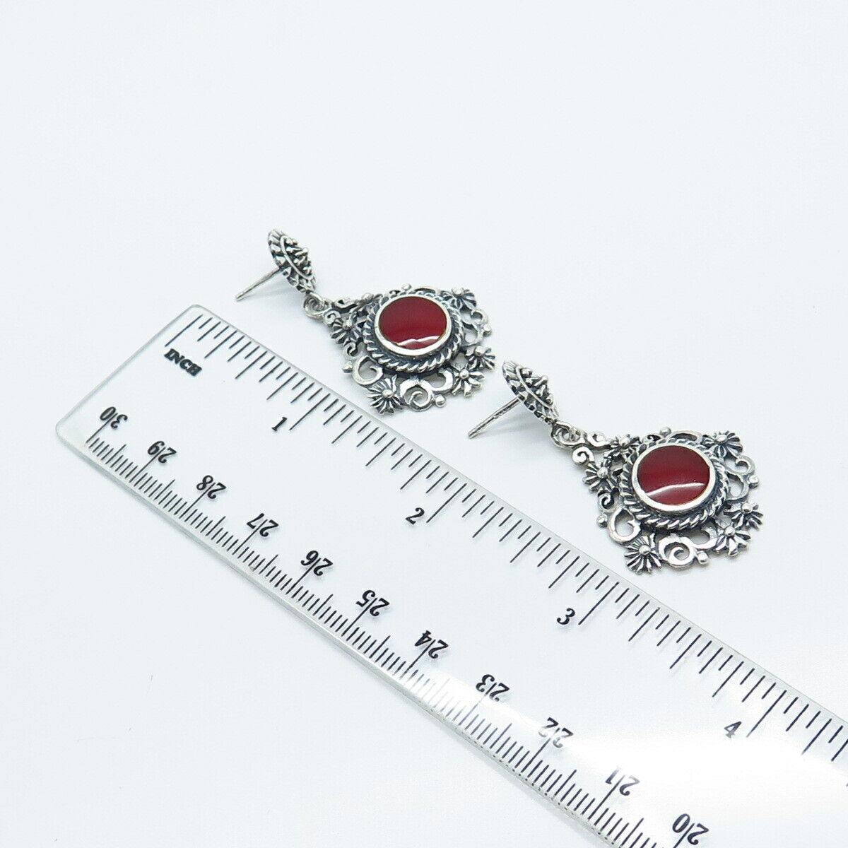 925 Sterling Silver Vintage Real Carnelian Gemstone Ornate Dangling Earrings