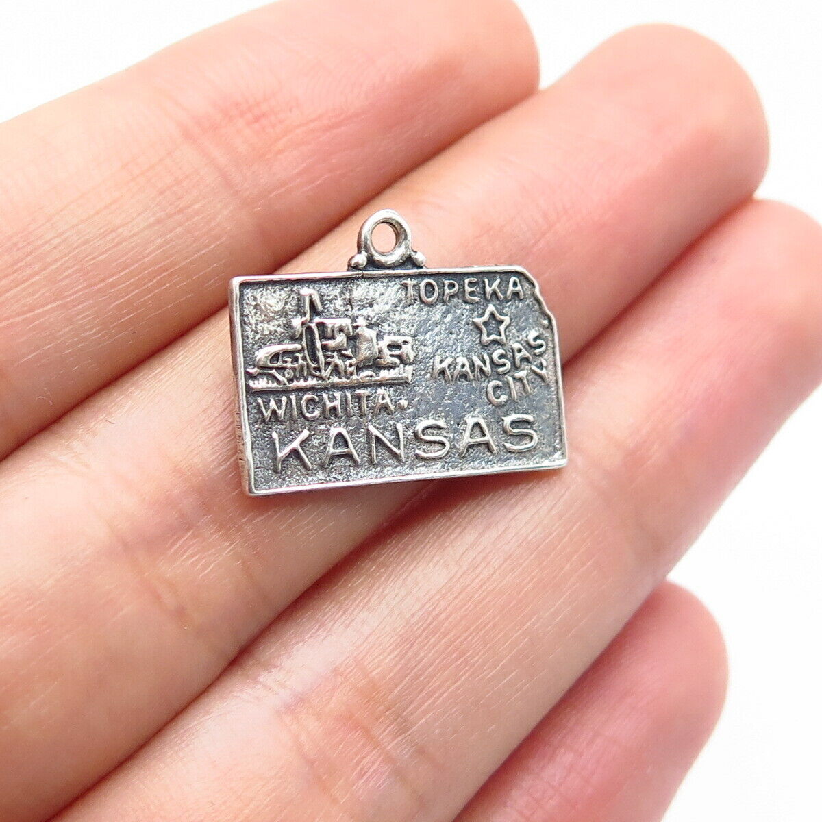 925 Sterling Silver Vintage Bell Trading Post "Kansas" State Map Charm Pendant