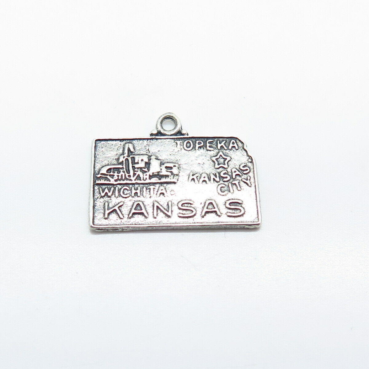 925 Sterling Silver Vintage Bell Trading Post "Kansas" State Map Charm Pendant