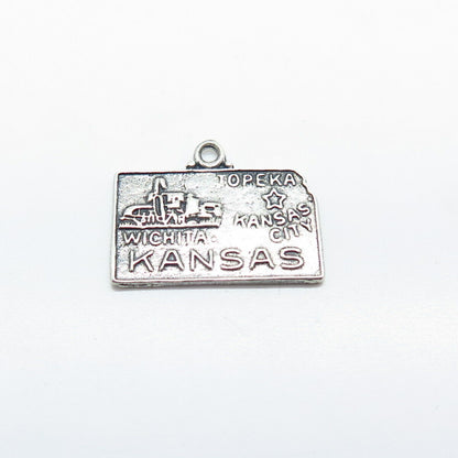 925 Sterling Silver Vintage Bell Trading Post "Kansas" State Map Charm Pendant