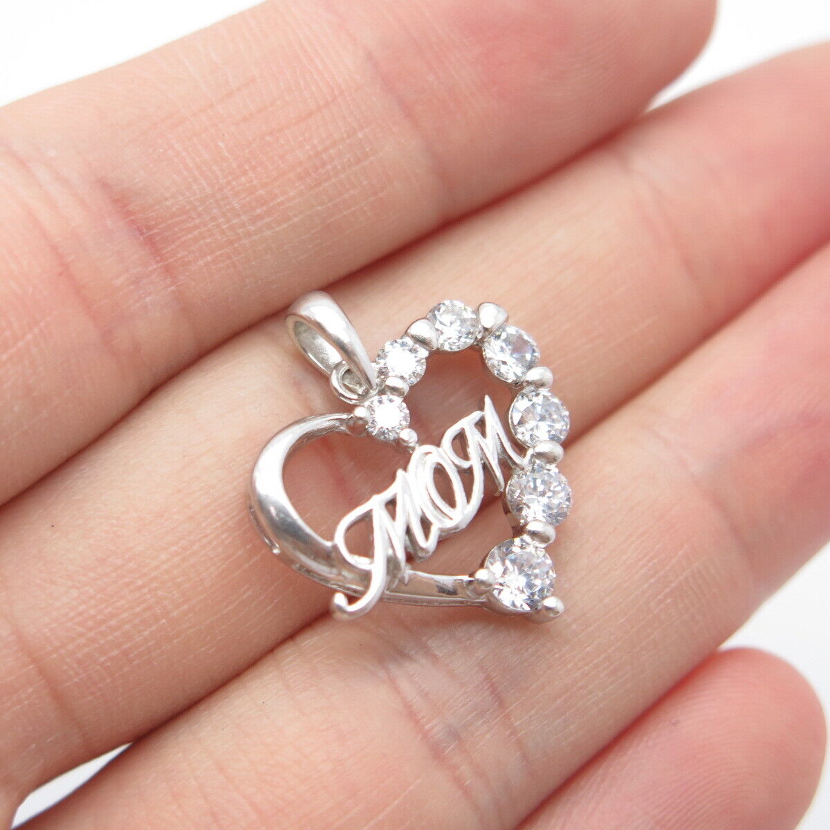 925 Sterling Silver C Z "MOM" Open Heart Charm Pendant