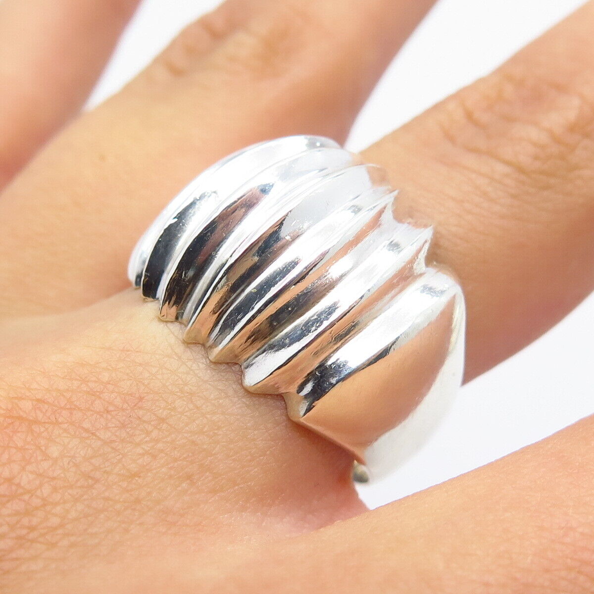 925 Sterling Silver Vintage Ribbed Wide Ring Size 10