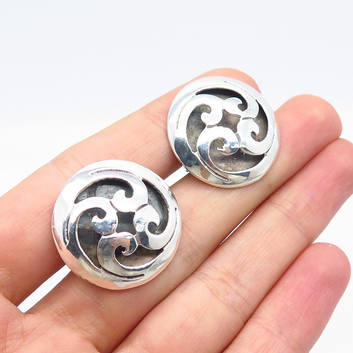 925 Sterling Silver Vintage Mexico Taxco Swirl Screw Back Earrings