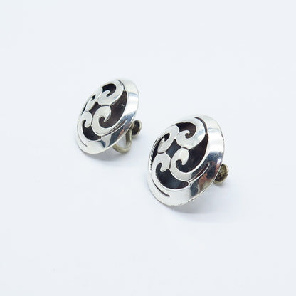 925 Sterling Silver Vintage Mexico Taxco Swirl Screw Back Earrings