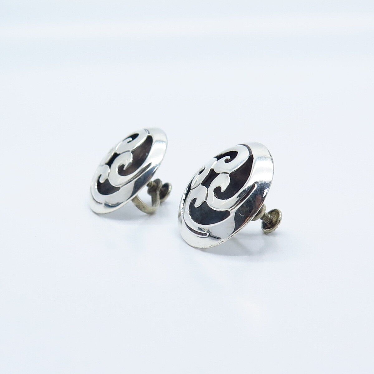 925 Sterling Silver Vintage Mexico Taxco Swirl Screw Back Earrings