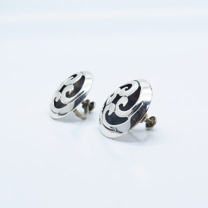 925 Sterling Silver Vintage Mexico Taxco Swirl Screw Back Earrings