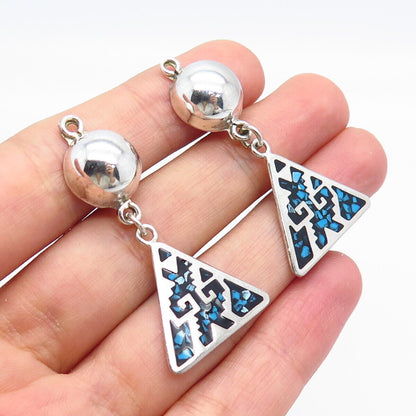 925 Sterling Silver Vintage Real Turquoise Gem Inlay Jacket Earrings