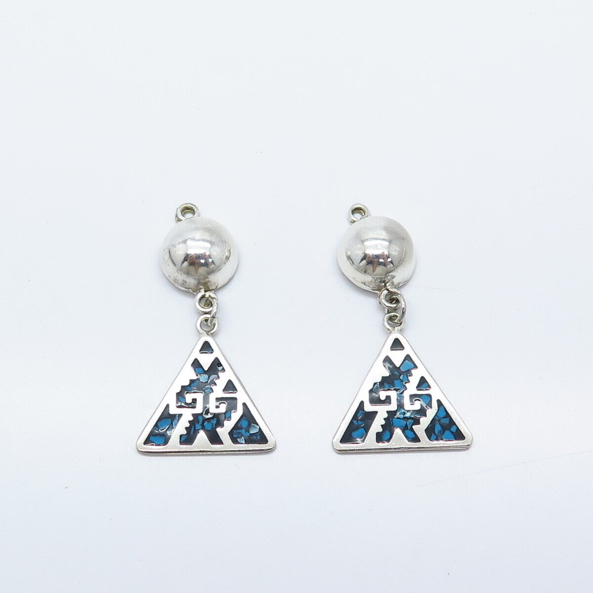 925 Sterling Silver Vintage Real Turquoise Gem Inlay Jacket Earrings