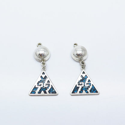 925 Sterling Silver Vintage Real Turquoise Gem Inlay Jacket Earrings