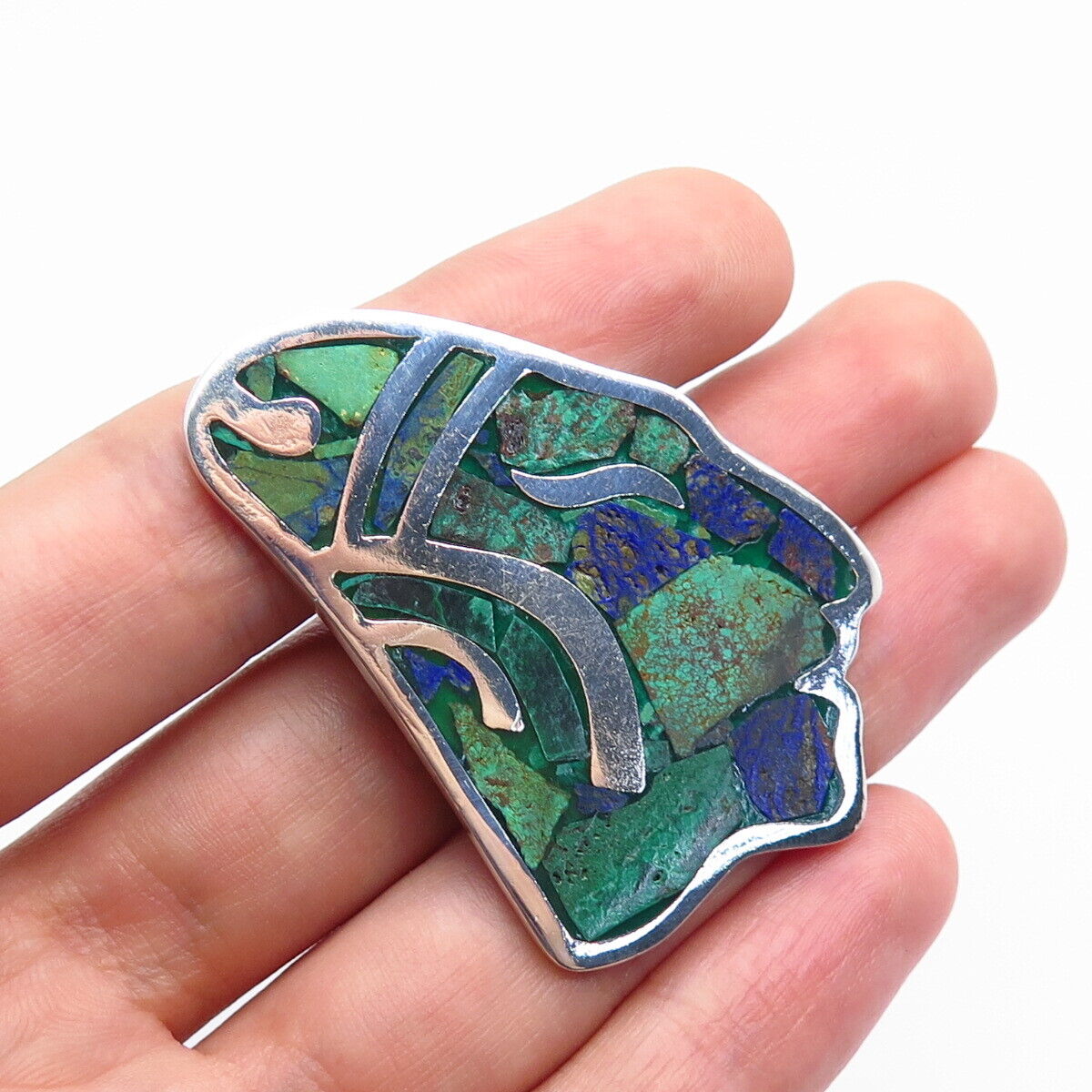 925 Sterling Silver Vintage Mexico Mosaic Azteca Azurite Inlay Tribal Pin Brooch