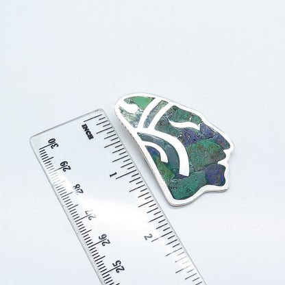 925 Sterling Silver Vintage Mexico Mosaic Azteca Azurite Inlay Tribal Pin Brooch