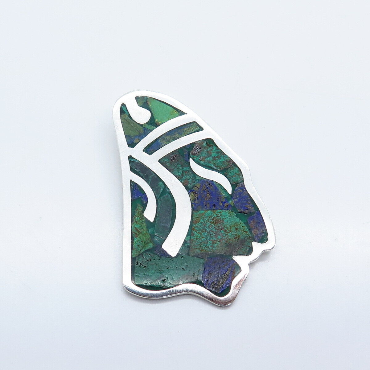 925 Sterling Silver Vintage Mexico Mosaic Azteca Azurite Inlay Tribal Pin Brooch