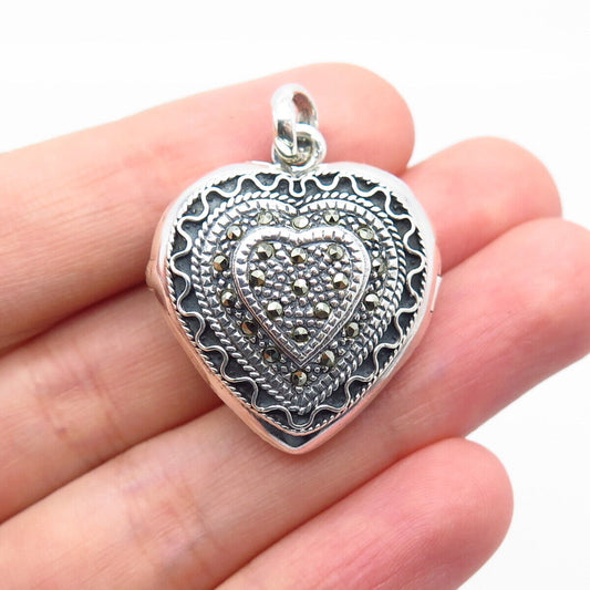 925 Sterling Silver Vintage Real Marcasite Gemstone Heart Locket Pendant