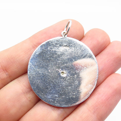 800 Silver Vintage Earth Map Ribbed Round Pendant