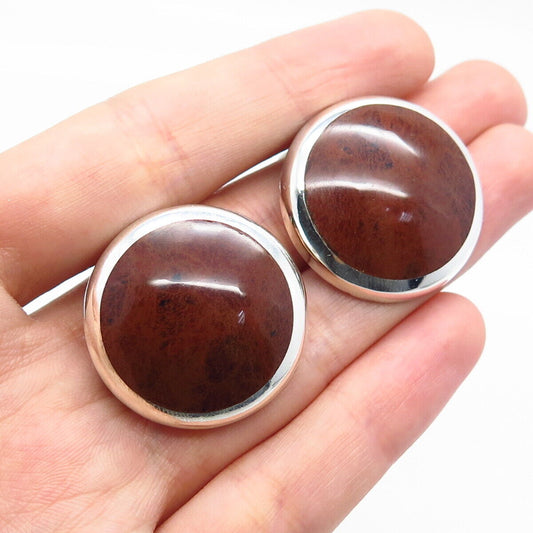 925 Sterling Silver Vintage Antonio Hdez Taxco Real Jasper Clip On Earrings