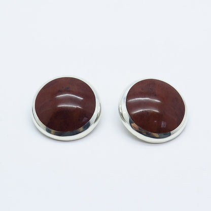 925 Sterling Silver Vintage Antonio Hdez Taxco Real Jasper Clip On Earrings