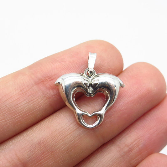 925 Sterling Silver Vintage Friendly Dolphins Heart Charm Pendant