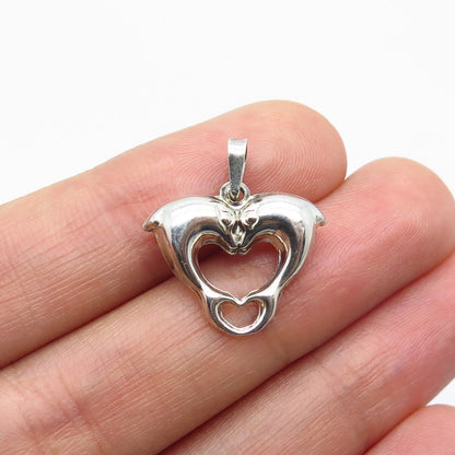 925 Sterling Silver Vintage Friendly Dolphins Heart Charm Pendant