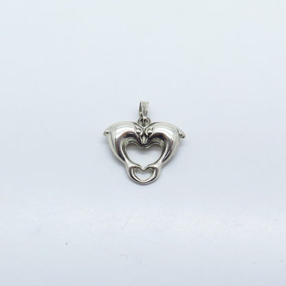 925 Sterling Silver Vintage Friendly Dolphins Heart Charm Pendant