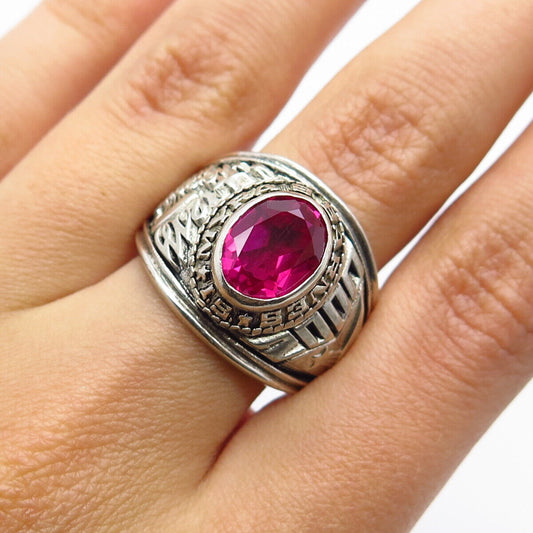 925 Sterling Silver Vintage Creed Lab-Created Ruby Myra S.Barnes School Ring 8.5