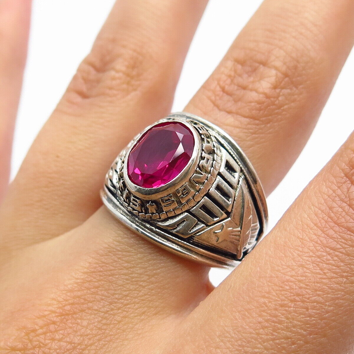 925 Sterling Silver Vintage Creed Lab-Created Ruby Myra S.Barnes School Ring 8.5