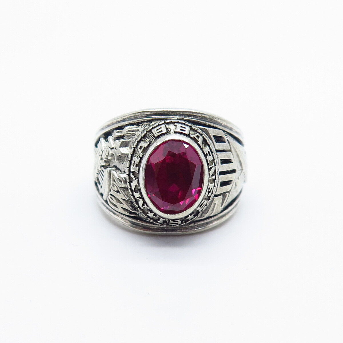 925 Sterling Silver Vintage Creed Lab-Created Ruby Myra S.Barnes School Ring 8.5