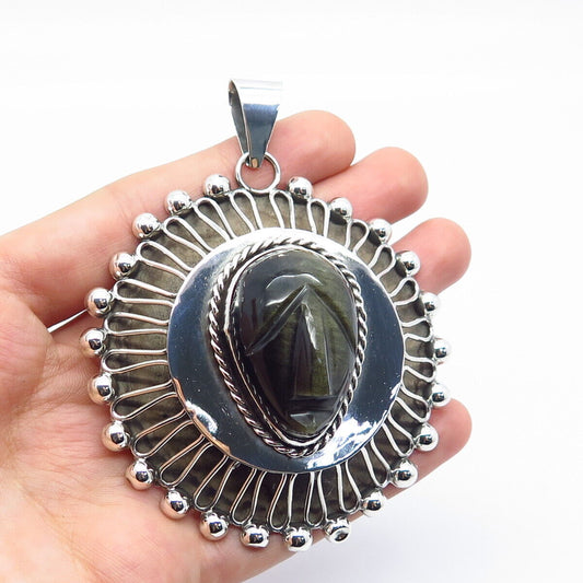 925 Sterling Silver Vintage Mexico Real Obsidian Gem Carved Tribal Face Pendant