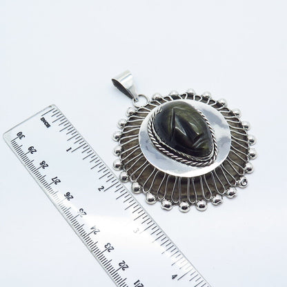 925 Sterling Silver Vintage Mexico Real Obsidian Gem Carved Tribal Face Pendant