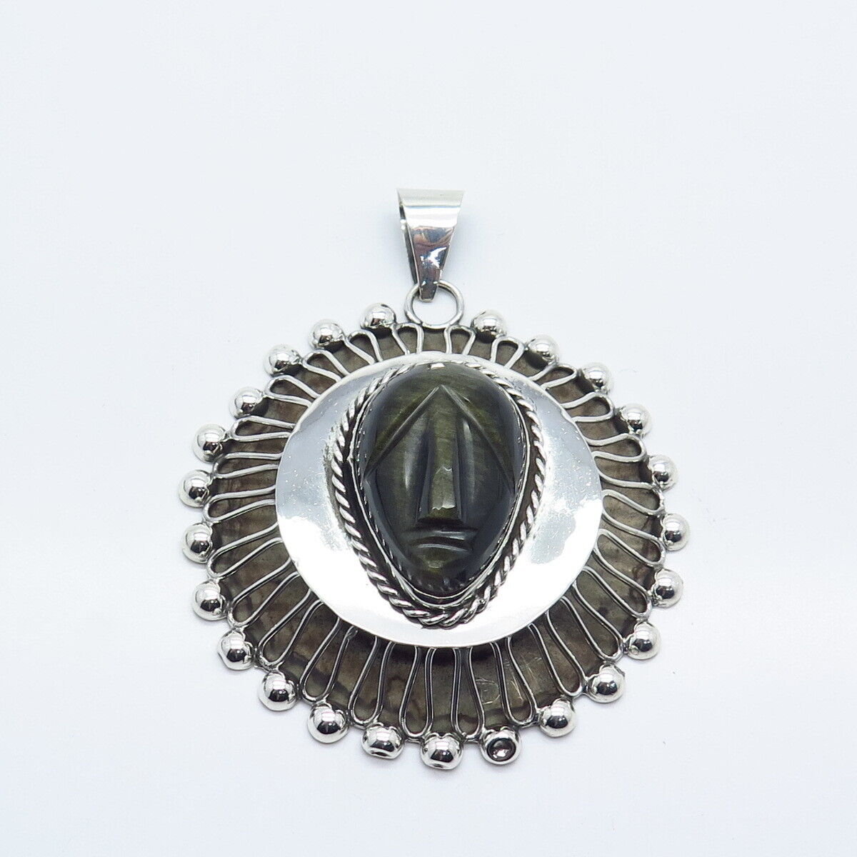 925 Sterling Silver Vintage Mexico Real Obsidian Gem Carved Tribal Face Pendant