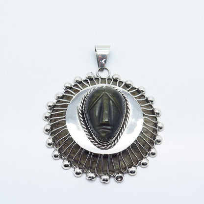 925 Sterling Silver Vintage Mexico Real Obsidian Gem Carved Tribal Face Pendant
