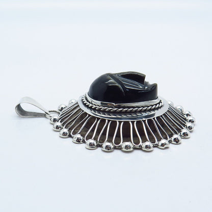 925 Sterling Silver Vintage Mexico Real Obsidian Gem Carved Tribal Face Pendant