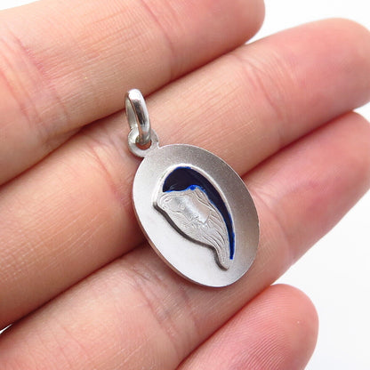 800 Silver Vintage Enamel Woman Profile Concave Oval Pendant