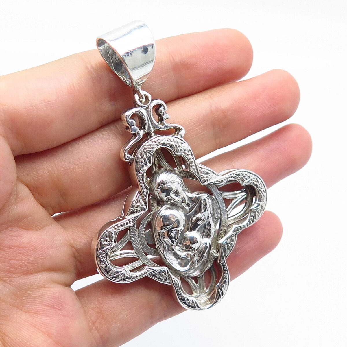 925 Sterling Silver Vintage Virgin Mary & Baby Jesus Religious Cross Pendant