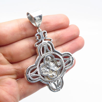 925 Sterling Silver Vintage Virgin Mary & Baby Jesus Religious Cross Pendant