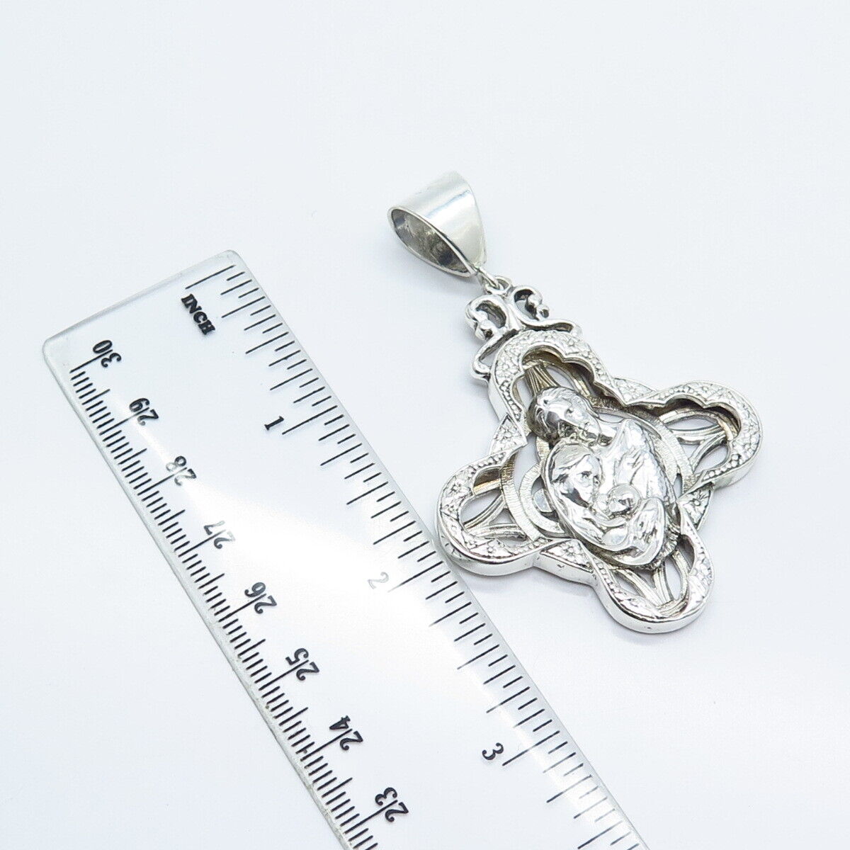 925 Sterling Silver Vintage Virgin Mary & Baby Jesus Religious Cross Pendant