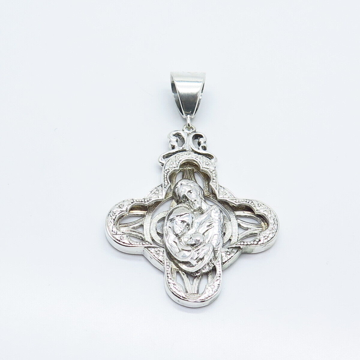 925 Sterling Silver Vintage Virgin Mary & Baby Jesus Religious Cross Pendant