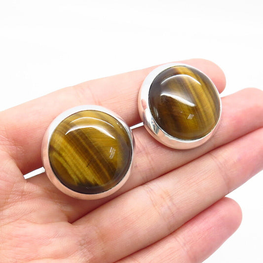 830 Silver Vintage Real Tiger Eye Gemstone Round Cufflinks